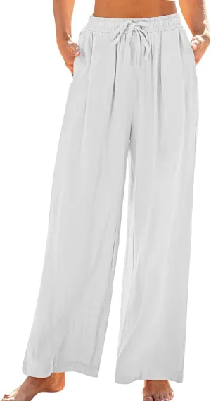 Linen Pants Women Wide Leg Lounge Beach Pants Summer High Wiasted Drawstring Travel Work Trousers with Pockets