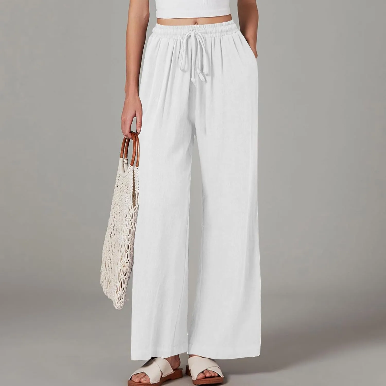 Linen Pants Women Wide Leg Lounge Beach Pants Summer High Wiasted Drawstring Travel Work Trousers with Pockets