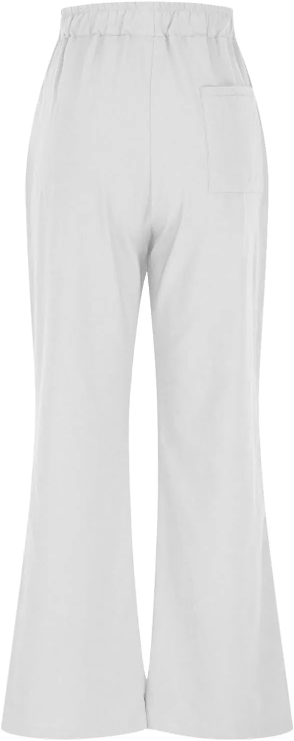 Linen Pants Women Wide Leg Lounge Beach Pants Summer High Wiasted Drawstring Travel Work Trousers with Pockets