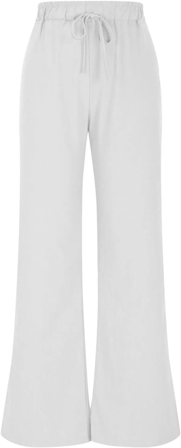 Linen Pants Women Wide Leg Lounge Beach Pants Summer High Wiasted Drawstring Travel Work Trousers with Pockets