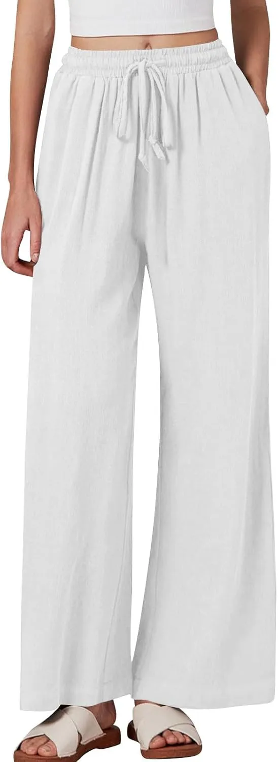 Linen Pants Women Wide Leg Lounge Beach Pants Summer High Wiasted Drawstring Travel Work Trousers with Pockets