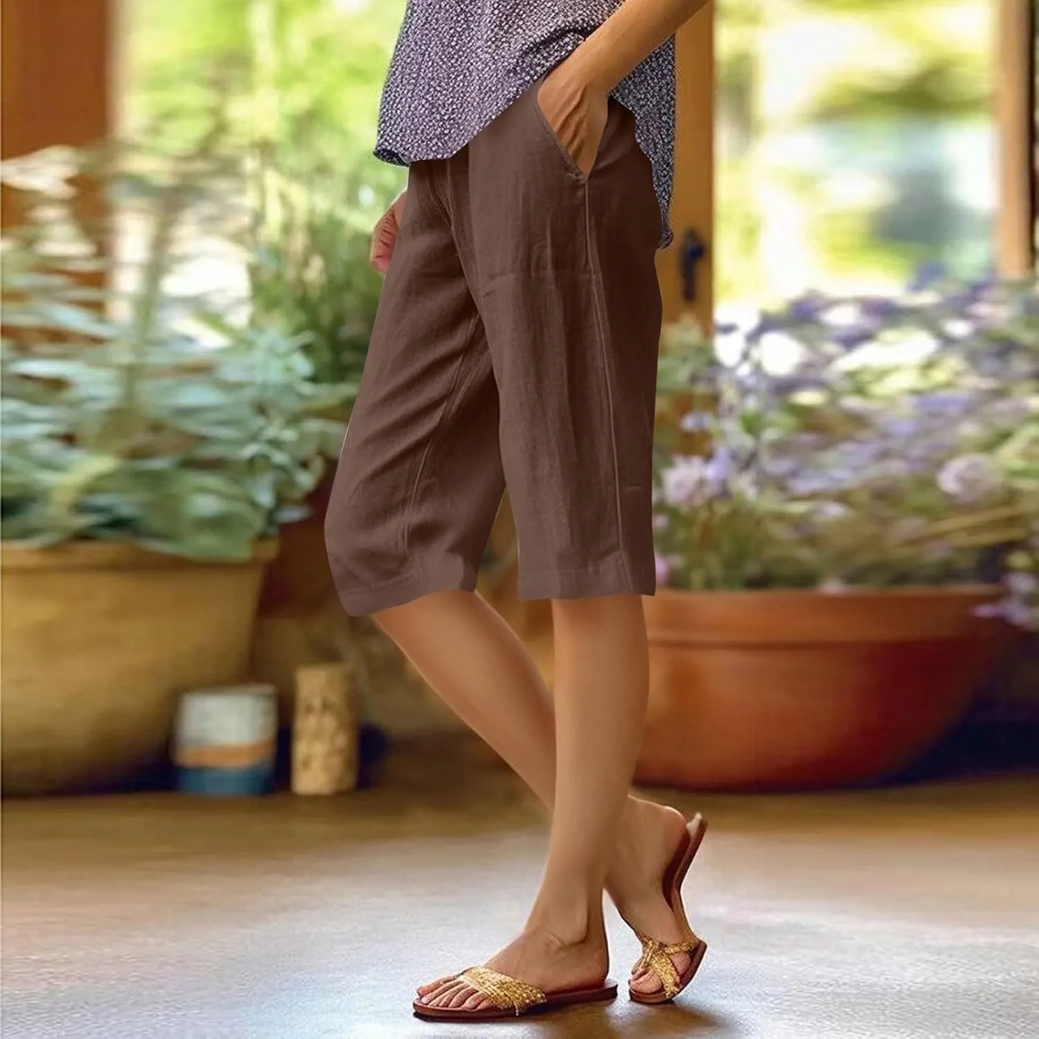 Linen Summer Pants Women Waist Cotton Trouser Cropped Wide Leg Pants Linen Blend Pants Linen Outfit