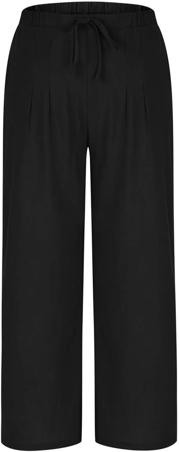 Linen Wide Leg Pants for Women Solid Color Baggy Palazzo Pants 2025 Summer Drawstring Elastic Waisted Trousers