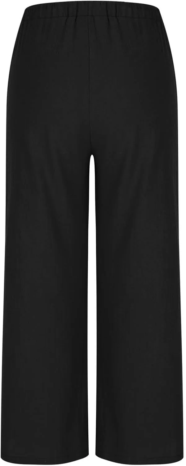 Linen Wide Leg Pants for Women Solid Color Baggy Palazzo Pants 2025 Summer Drawstring Elastic Waisted Trousers
