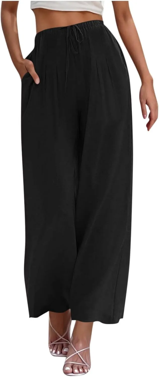Linen Wide Leg Pants for Women Solid Color Baggy Palazzo Pants 2025 Summer Drawstring Elastic Waisted Trousers