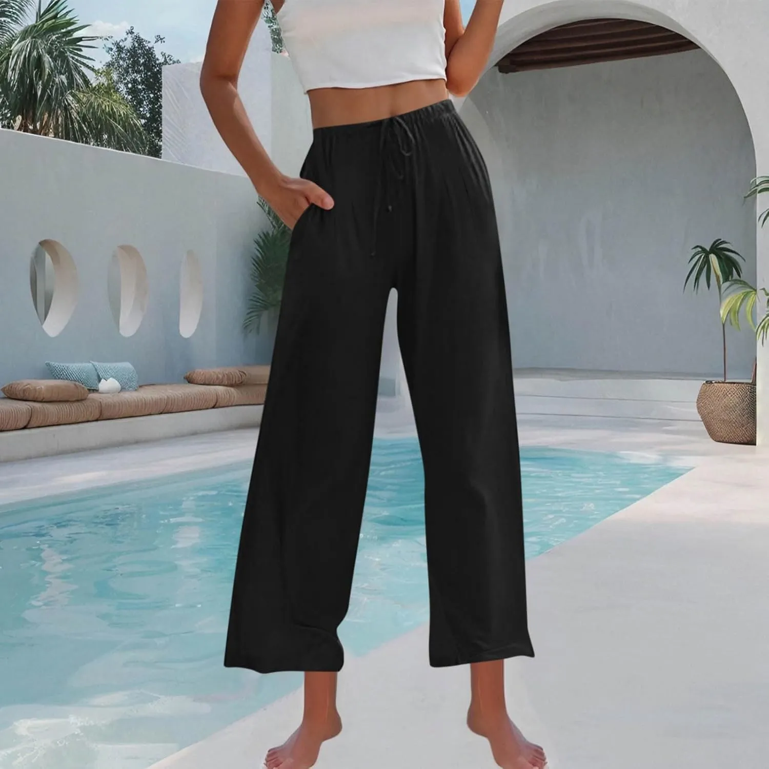 Linen Wide Leg Pants for Women Solid Color Baggy Palazzo Pants 2025 Summer Drawstring Elastic Waisted Trousers