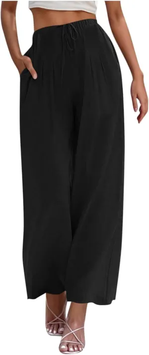 Linen Wide Leg Pants for Women Solid Color Baggy Palazzo Pants 2025 Summer Drawstring Elastic Waisted Trousers