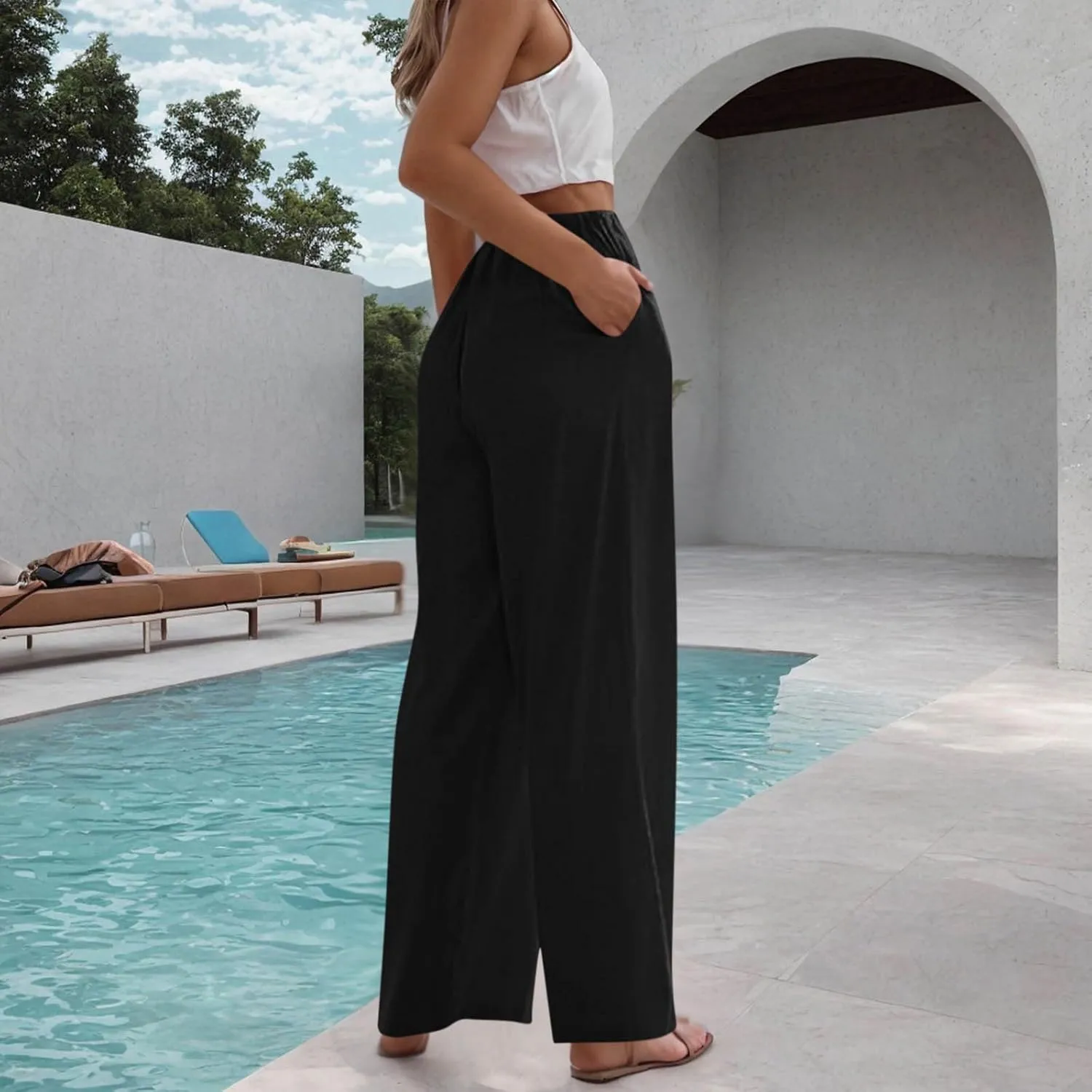 Linen Wide Leg Pants for Women Solid Color Baggy Palazzo Pants 2025 Summer Drawstring Elastic Waisted Trousers