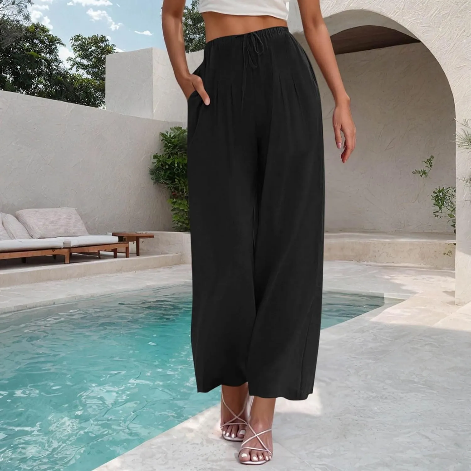 Linen Wide Leg Pants for Women Solid Color Baggy Palazzo Pants 2025 Summer Drawstring Elastic Waisted Trousers
