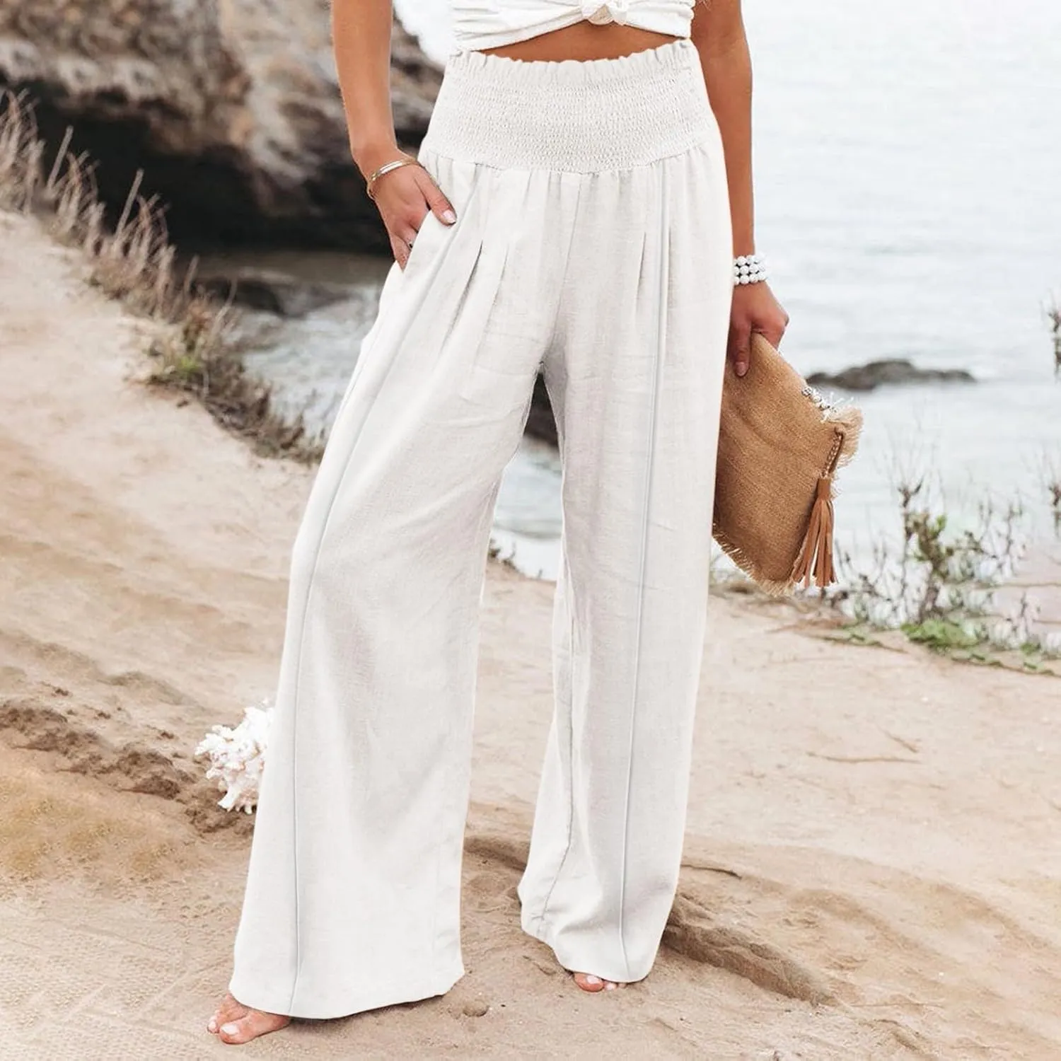 Linen Wide Leg Pants for Women Summer Flowy Boho Palazzo Pants Smocked High Waisted Loose Beach Pants with Pockets