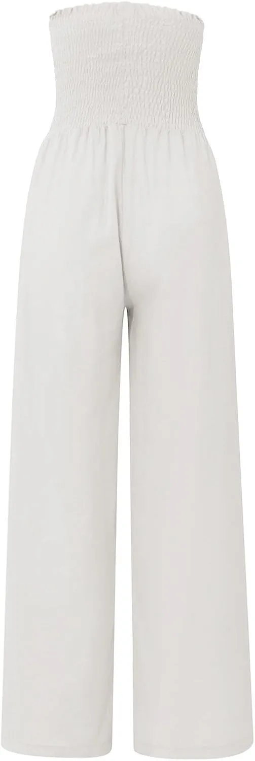 Linen Wide Leg Pants for Women Summer Flowy Boho Palazzo Pants Smocked High Waisted Loose Beach Pants with Pockets