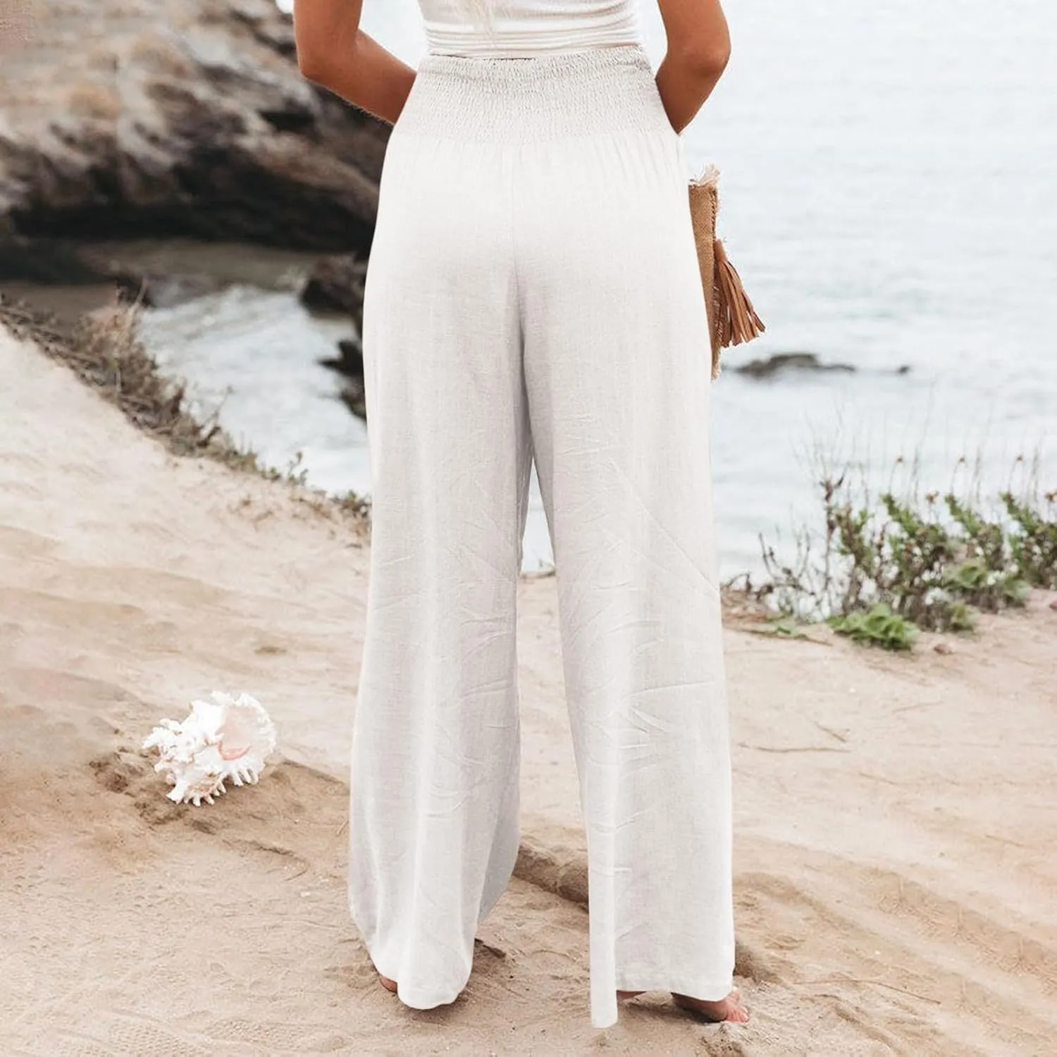 Linen Wide Leg Pants for Women Summer Flowy Boho Palazzo Pants Smocked High Waisted Loose Beach Pants with Pockets