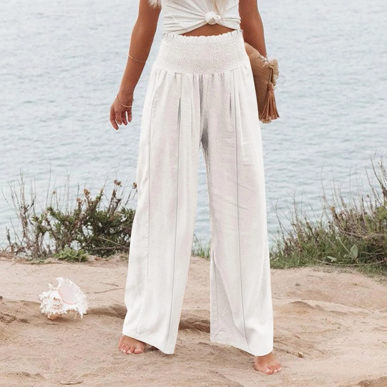 Linen Wide Leg Pants for Women Summer Flowy Boho Palazzo Pants Smocked High Waisted Loose Beach Pants with Pockets
