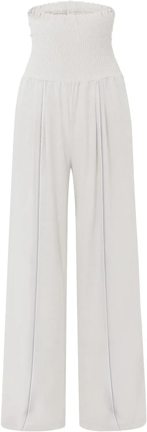 Linen Wide Leg Pants for Women Summer Flowy Boho Palazzo Pants Smocked High Waisted Loose Beach Pants with Pockets