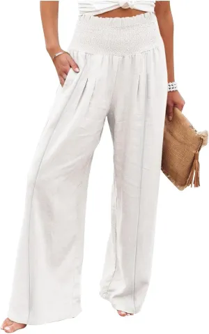 Linen Wide Leg Pants for Women Summer Flowy Boho Palazzo Pants Smocked High Waisted Loose Beach Pants with Pockets