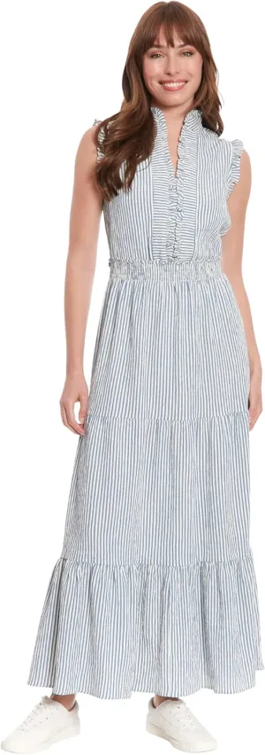 London Times Women's Smocked Waist Ruffle Collared Tiered Maxi Dress