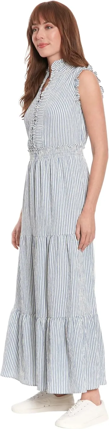 London Times Women's Smocked Waist Ruffle Collared Tiered Maxi Dress