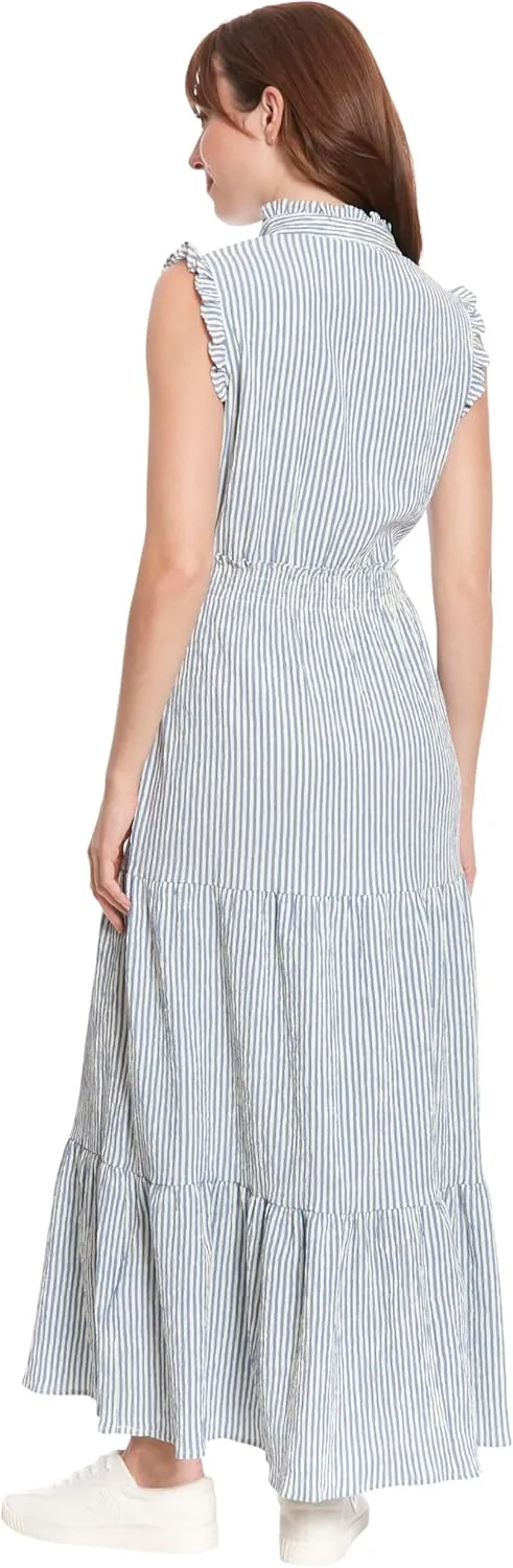 London Times Women's Smocked Waist Ruffle Collared Tiered Maxi Dress