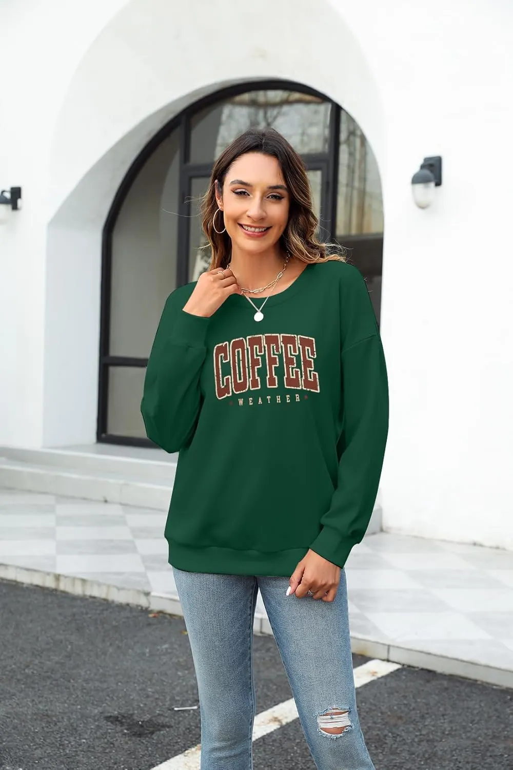 LOTUCY Coffee Sweatshirt for Women Coffee Weather Crewneck Sweatshirt Casual Autumn Fall Long Sleeve Shirt