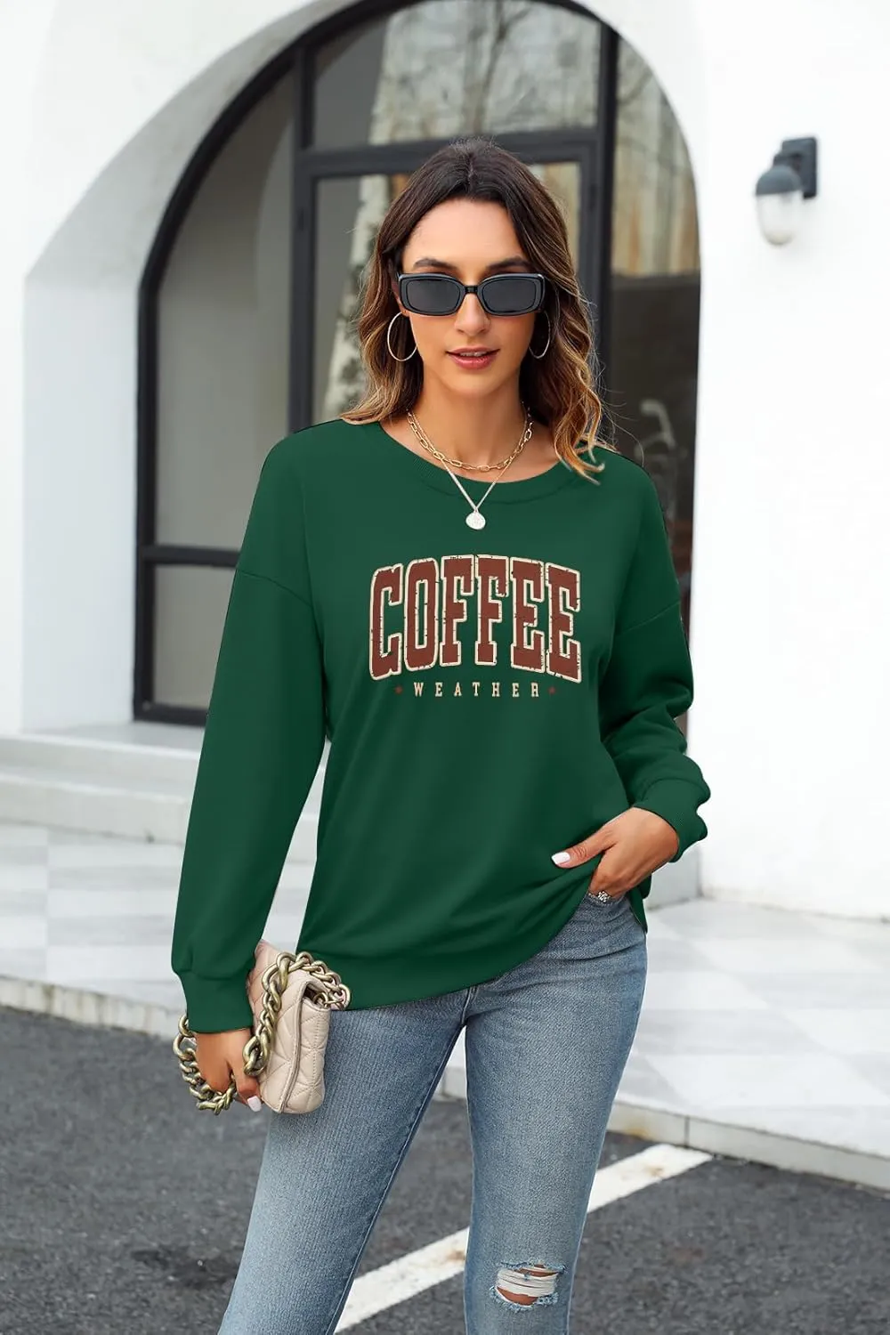 LOTUCY Coffee Sweatshirt for Women Coffee Weather Crewneck Sweatshirt Casual Autumn Fall Long Sleeve Shirt