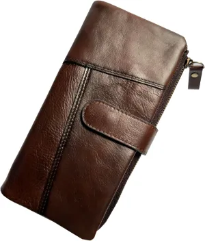 LUKZIJAES Vintage Long Wallet for Men Genuine Leather Zipper RFID Blocking Card Holder with Coin Pocket Mens Clutch Purse (#4-Coffee)