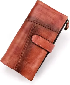 LUKZIJAES Vintage Long Wallet for Men Genuine Leather Zipper RFID Blocking Card Holder with Coin Pocket Mens Clutch Purse (#4-Red)