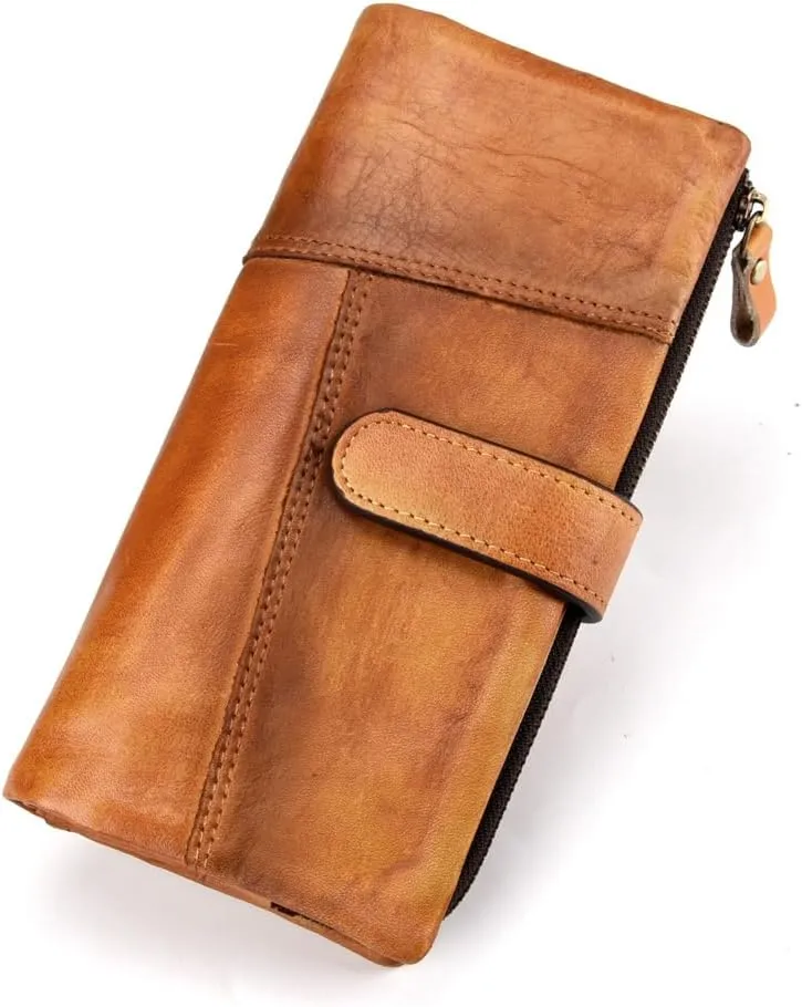 LUKZIJAES Vintage Long Wallet for Men Genuine Leather Zipper RFID Blocking Card Holder with Coin Pocket Mens Clutch Purse (#4-Yellow Brown)