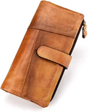 LUKZIJAES Vintage Long Wallet for Men Genuine Leather Zipper RFID Blocking Card Holder with Coin Pocket Mens Clutch Purse (#4-Yellow Brown)