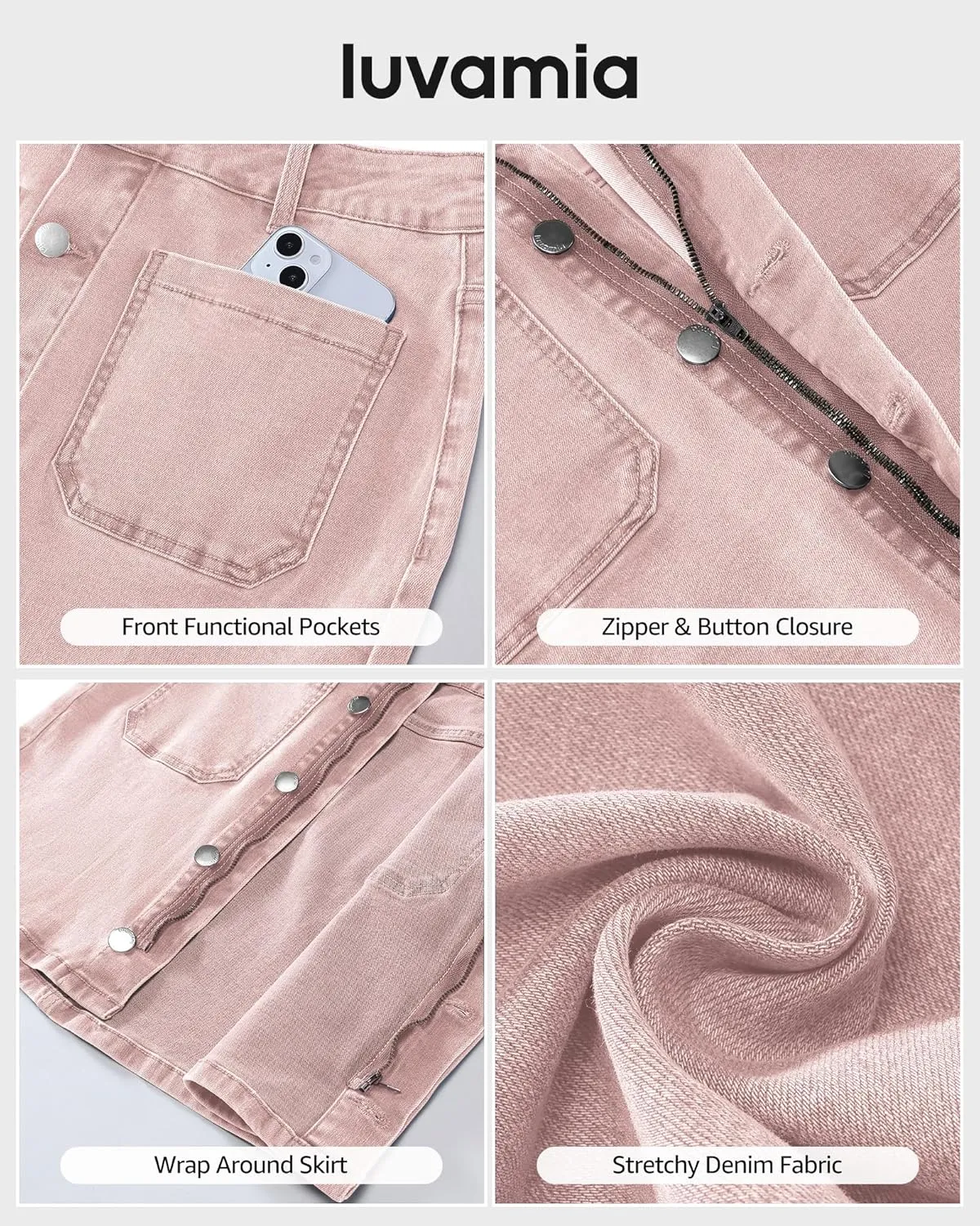 luvamia Jean Skirts for Women Denim High Waisted Trendy Stretchy Mini Button Front Short Pencil Skirt with Patch Pockets