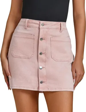 luvamia Jean Skirts for Women Denim High Waisted Trendy Stretchy Mini Button Front Short Pencil Skirt with Patch Pockets