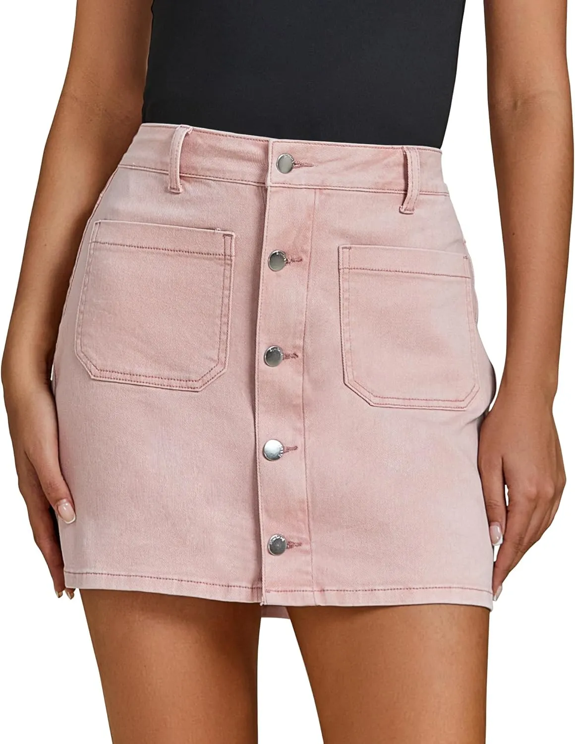 luvamia Jean Skirts for Women Denim High Waisted Trendy Stretchy Mini Button Front Short Pencil Skirt with Patch Pockets