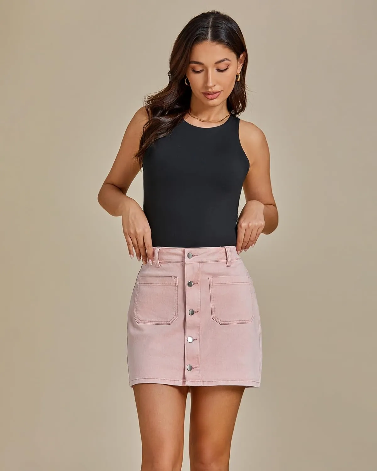 luvamia Jean Skirts for Women Denim High Waisted Trendy Stretchy Mini Button Front Short Pencil Skirt with Patch Pockets