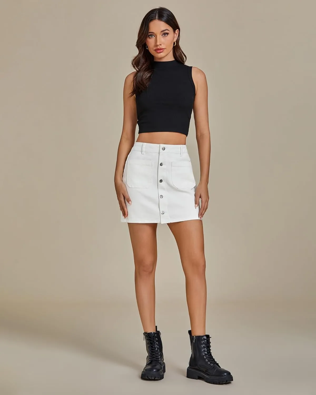 luvamia Jean Skirts for Women Denim High Waisted Trendy Stretchy Mini Button Front Short Pencil Skirt with Patch Pockets