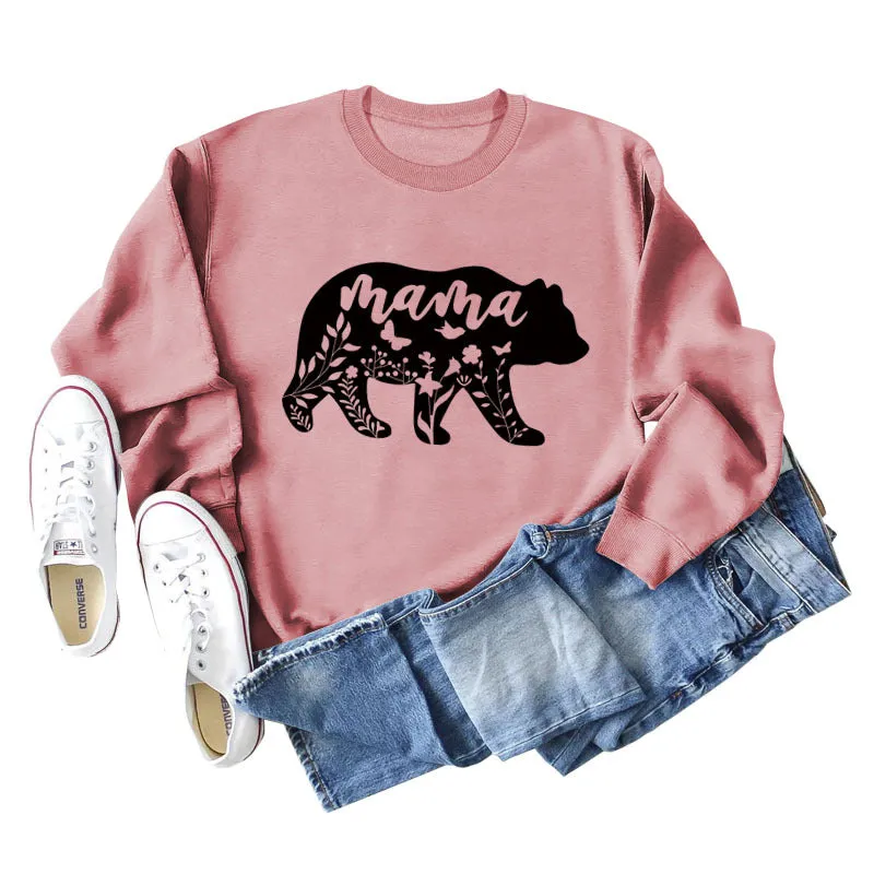 Mama Bear Letter Printing Round Neck Loose Bottoming Long-sleeved Shirt Ladies Plus Size Sweater