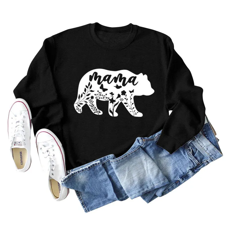 Mama Bear Letter Printing Round Neck Loose Bottoming Long-sleeved Shirt Ladies Plus Size Sweater