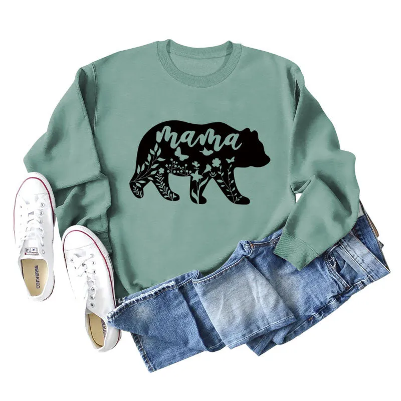 Mama Bear Letter Printing Round Neck Loose Bottoming Long-sleeved Shirt Ladies Plus Size Sweater