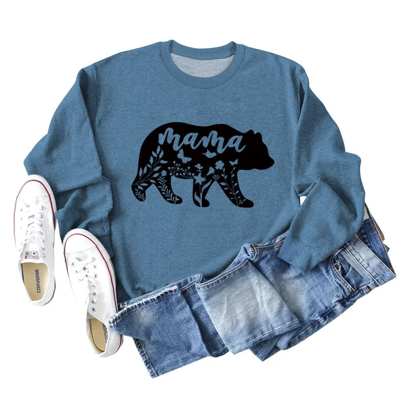Mama Bear Letter Printing Round Neck Loose Bottoming Long-sleeved Shirt Ladies Plus Size Sweater