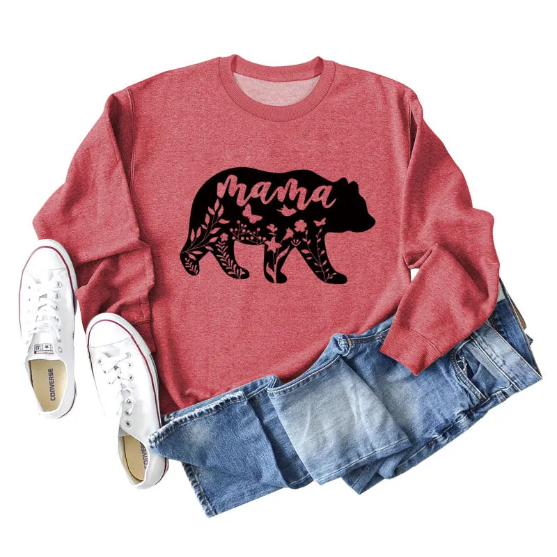 Mama Bear Letter Printing Round Neck Loose Bottoming Long-sleeved Shirt Ladies Plus Size Sweater