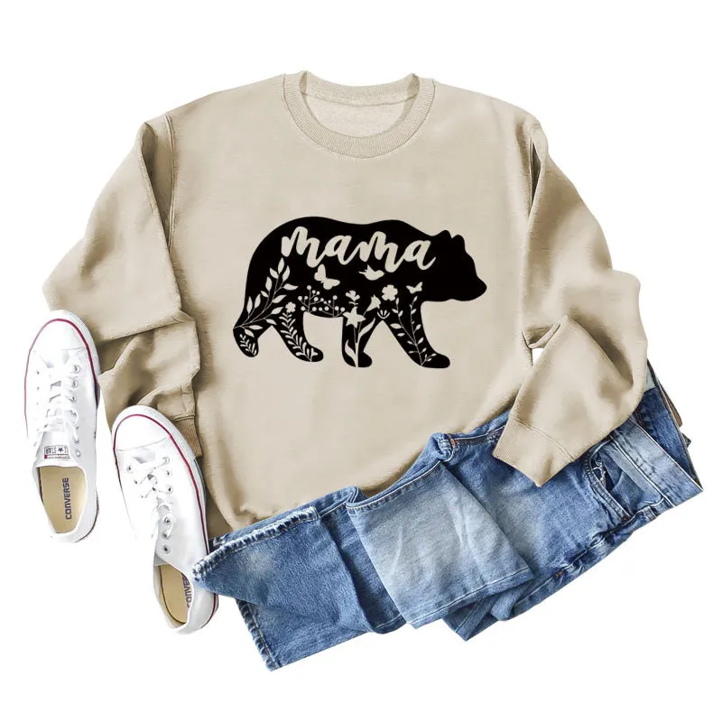 Mama Bear Letter Printing Round Neck Loose Bottoming Long-sleeved Shirt Ladies Plus Size Sweater