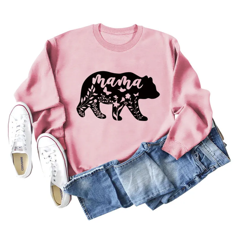 Mama Bear Letter Printing Round Neck Loose Bottoming Long-sleeved Shirt Ladies Plus Size Sweater