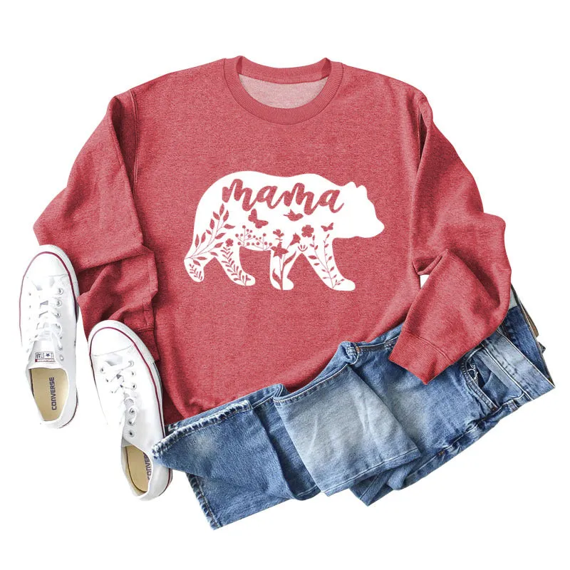Mama Bear Letter Printing Round Neck Loose Bottoming Long-sleeved Shirt Ladies Plus Size Sweater