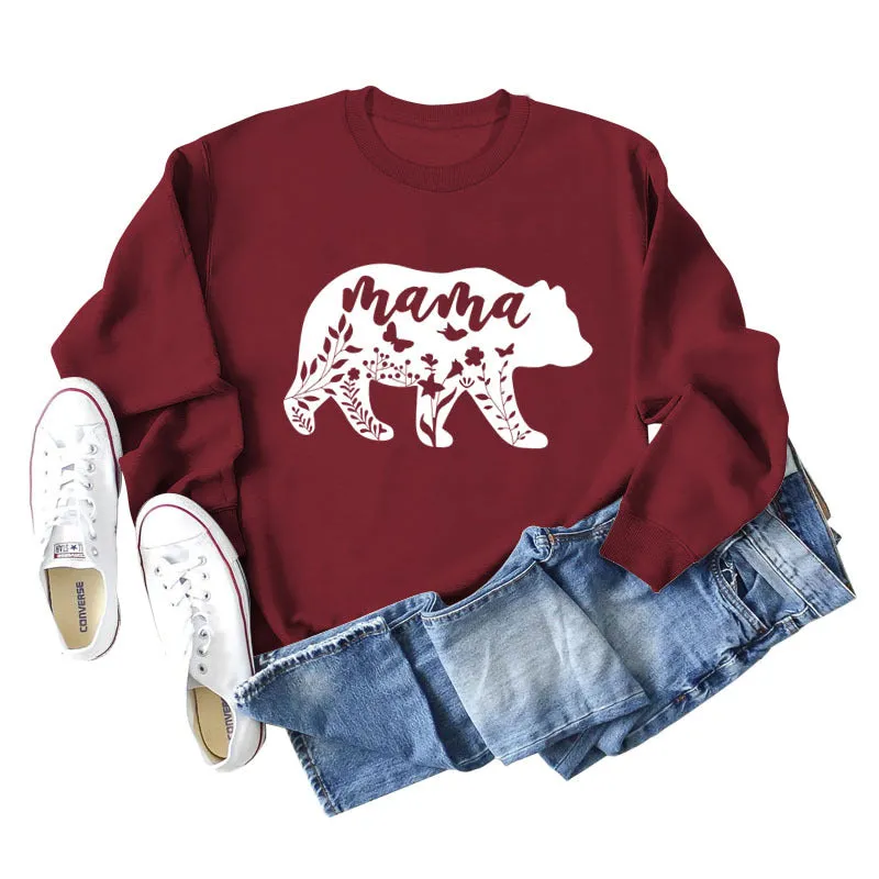 Mama Bear Letter Printing Round Neck Loose Bottoming Long-sleeved Shirt Ladies Plus Size Sweater