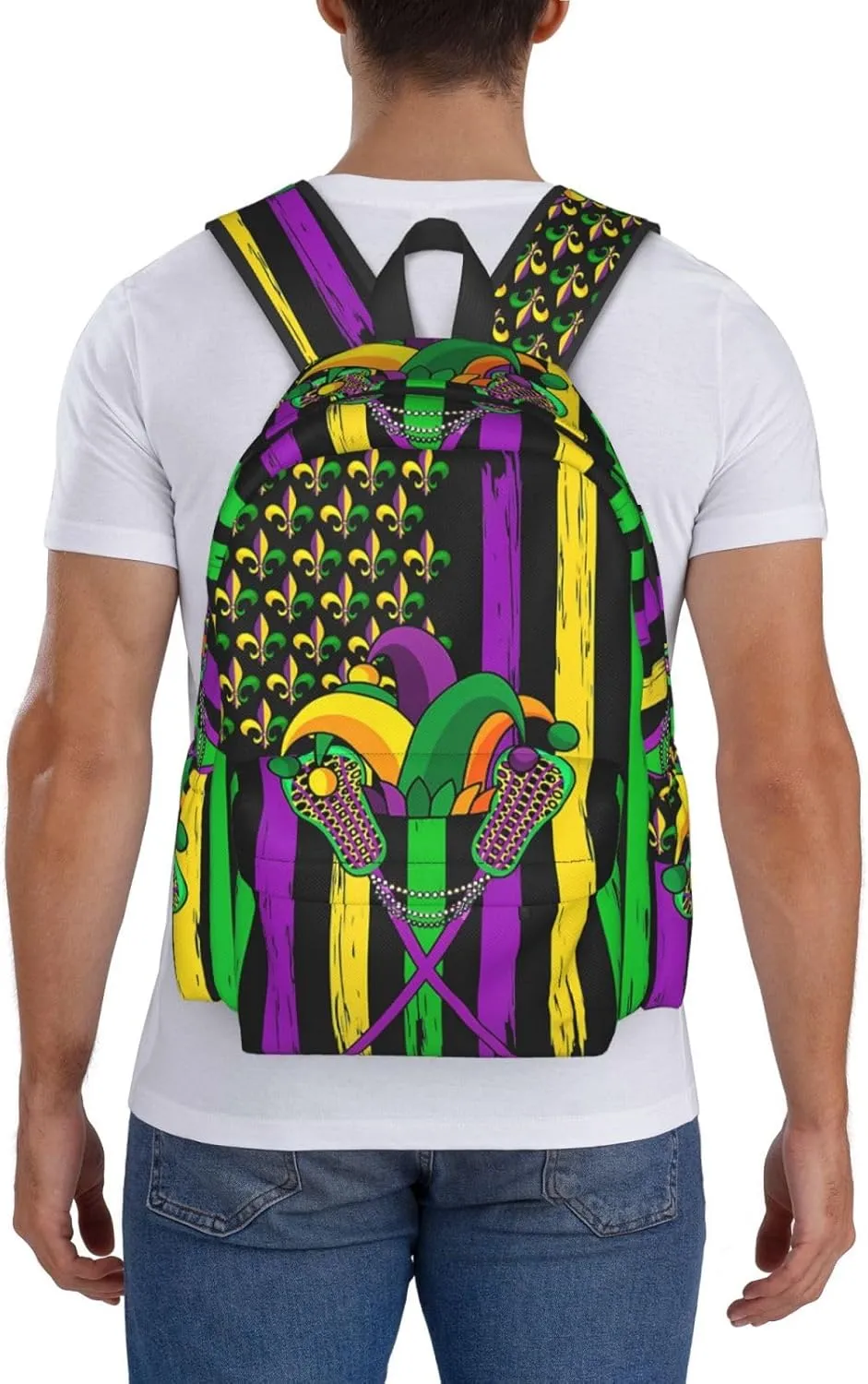 Mardi Gras Lacrosse Jester Hat American Flag Backpack Casual Laptop Backpack Large Capacity Double Shoulder Bag Travel Daypack For Women Men