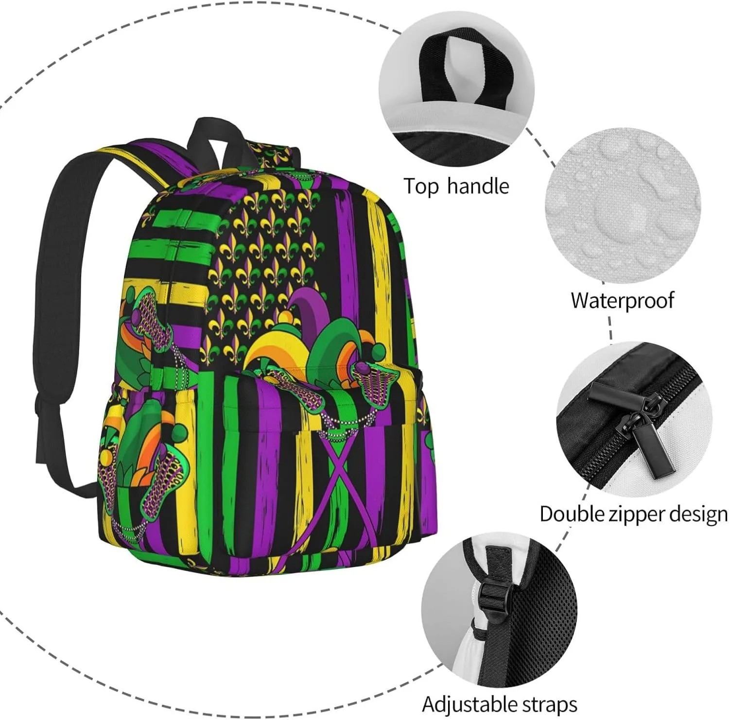 Mardi Gras Lacrosse Jester Hat American Flag Backpack Casual Laptop Backpack Large Capacity Double Shoulder Bag Travel Daypack For Women Men