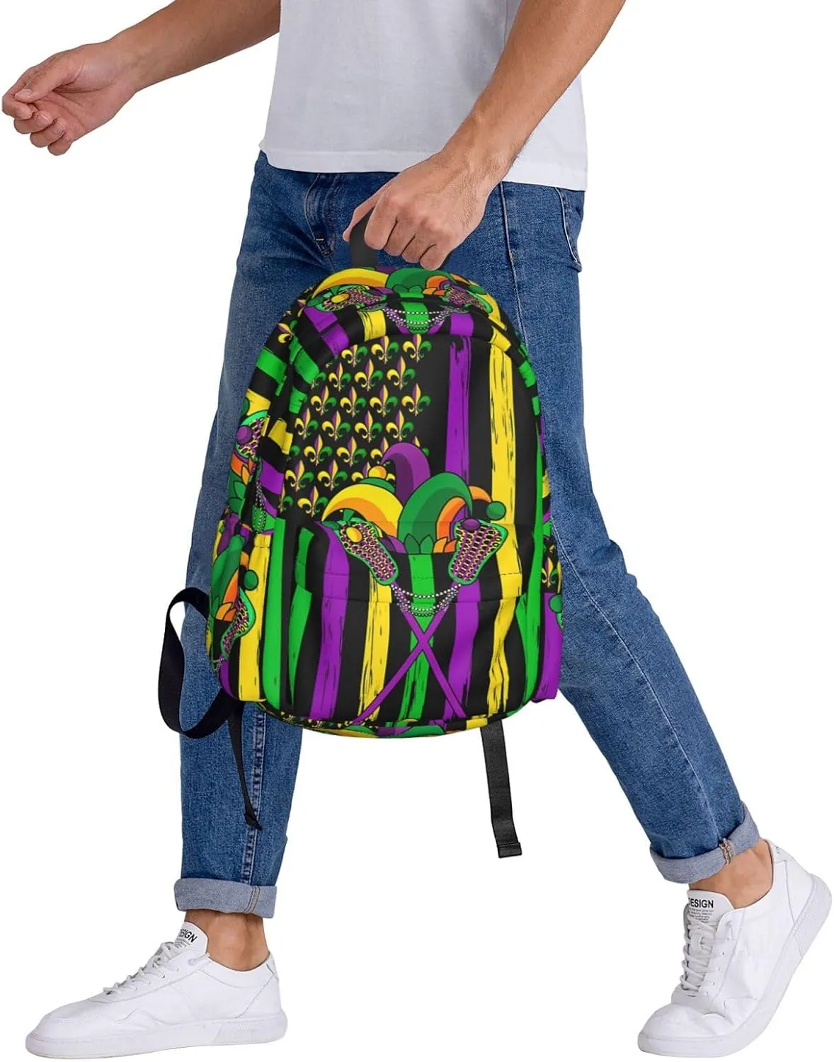 Mardi Gras Lacrosse Jester Hat American Flag Backpack Casual Laptop Backpack Large Capacity Double Shoulder Bag Travel Daypack For Women Men