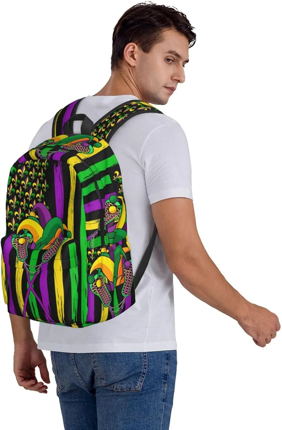 Mardi Gras Lacrosse Jester Hat American Flag Backpack Casual Laptop Backpack Large Capacity Double Shoulder Bag Travel Daypack For Women Men