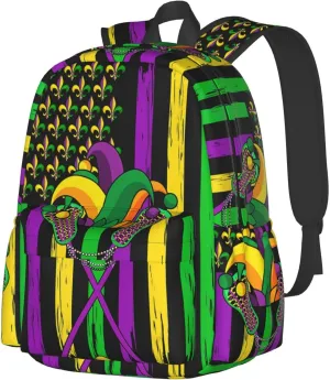 Mardi Gras Lacrosse Jester Hat American Flag Backpack Casual Laptop Backpack Large Capacity Double Shoulder Bag Travel Daypack For Women Men