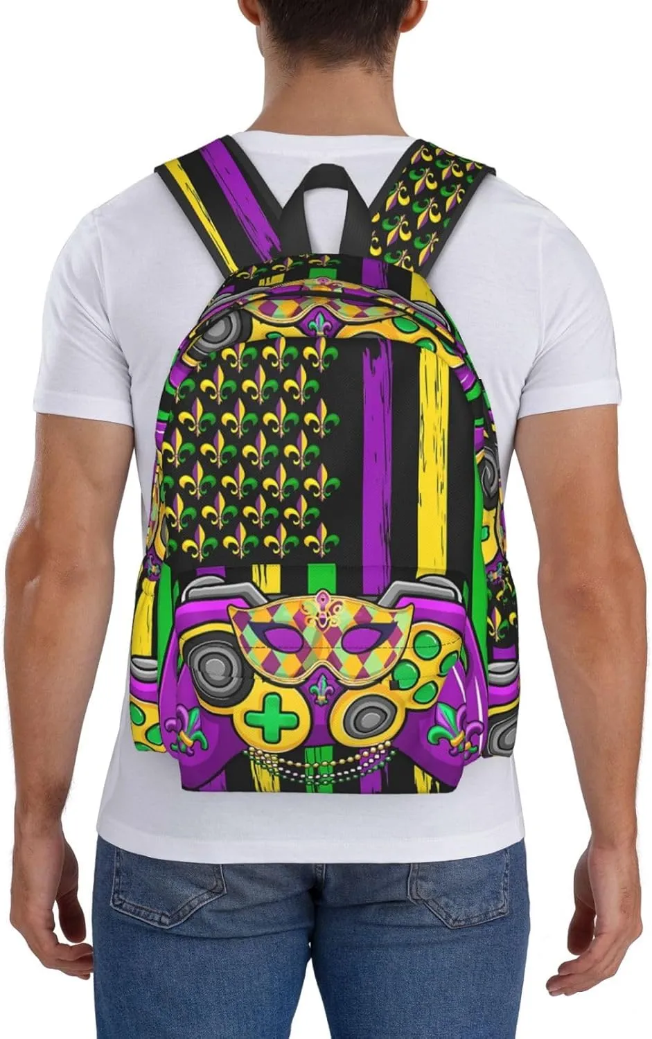 Mardi Gras Video Game Beads Mask American Flag Backpack Casual Laptop Backpack Large Capacity Double Shoulder Bag Travel Daypack For Women Men