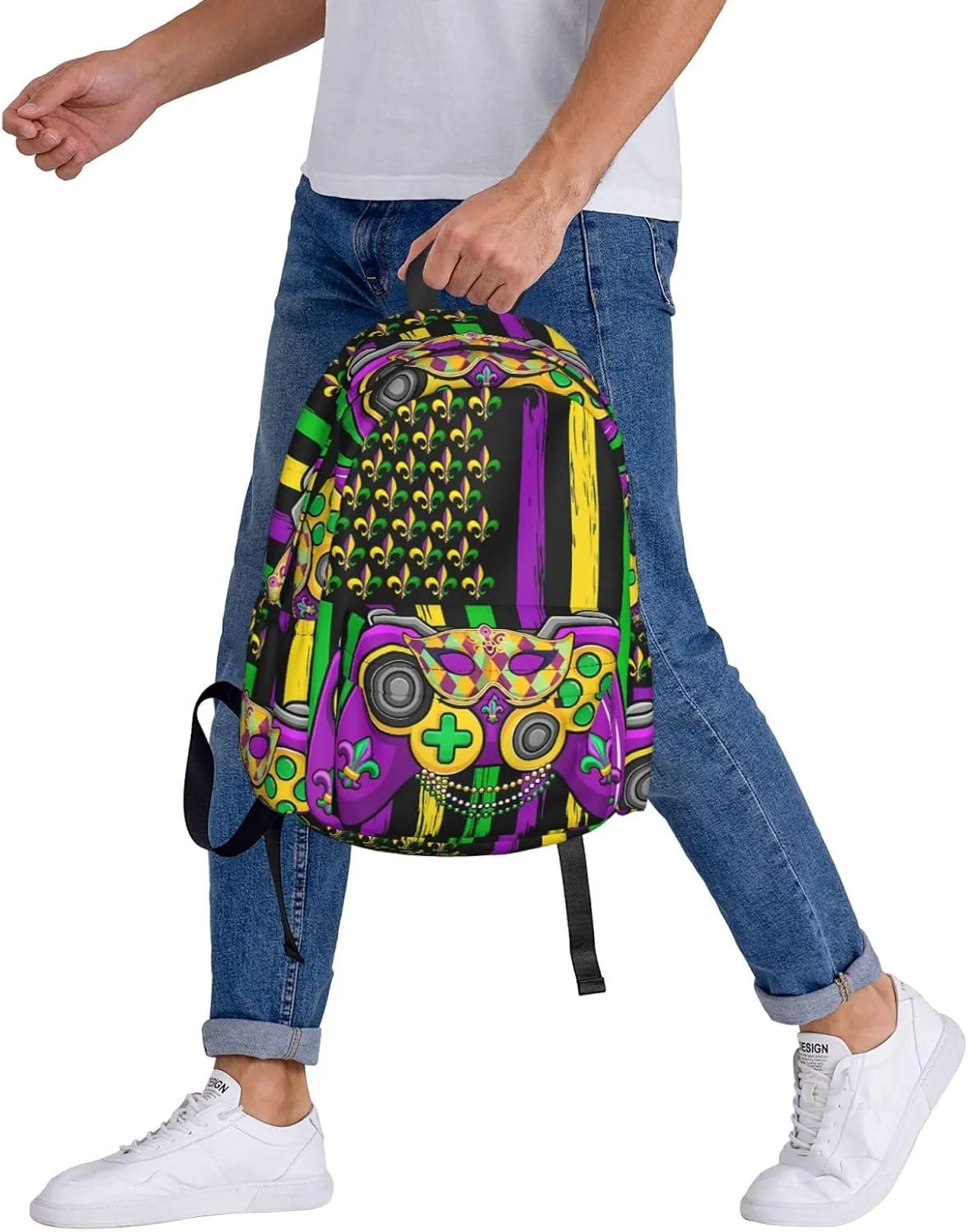 Mardi Gras Video Game Beads Mask American Flag Backpack Casual Laptop Backpack Large Capacity Double Shoulder Bag Travel Daypack For Women Men