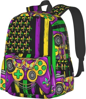 Mardi Gras Video Game Beads Mask American Flag Backpack Casual Laptop Backpack Large Capacity Double Shoulder Bag Travel Daypack For Women Men